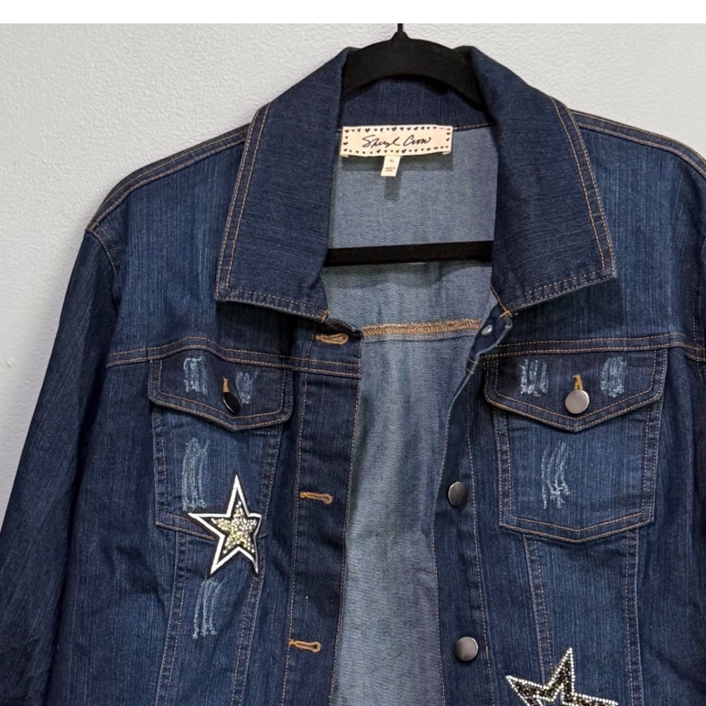 Sheryl Crow Womens Star Beaded Denim Jacket Dark Wash Distressed XL Blue - Picture 5 of 5